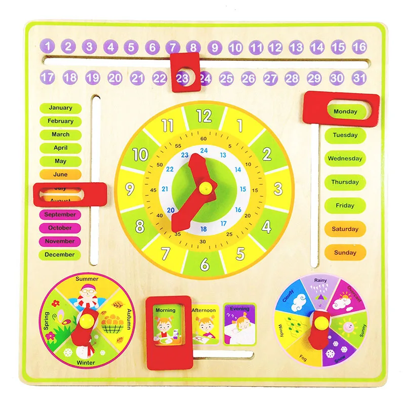 

Wooden Multi-functional with Numbers Clock Calendar Season Weather Cognitive Learning Early Childhood Educational CHILDREN'S Toy