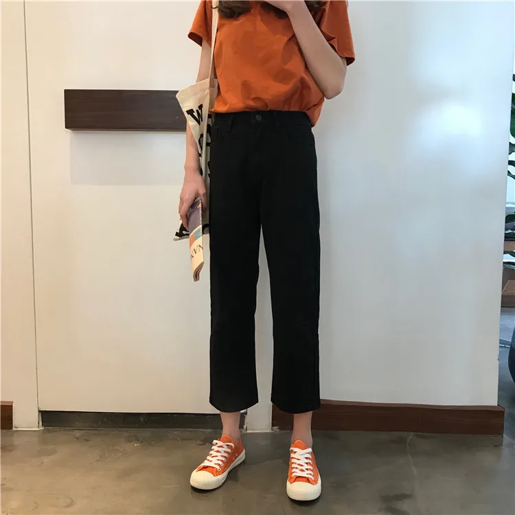 Black High Waist Jeans Women Ankle-length Solid Simple All Match Harajuku Vintage Womens Trousers Korean Fashion Females Pockets