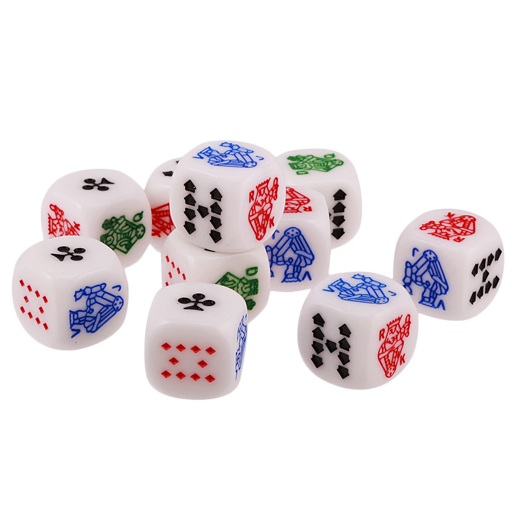 10 Pieces of Six Sided D6(Ace,King,Queen,Jack,10,9) Poker Gaming Card Game Dice