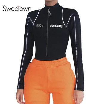 

Sweetown Reflective Lines Long Sleeve Bodysuit Autumn Spring Letter Print Zipper Turtleneck Bodycon Rompers Women Jumpsuit Short