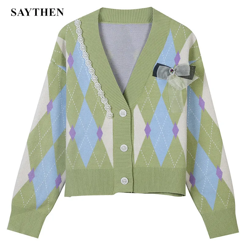 

SAYTHEN Winter Women's Contrast Color Rhombic Cute Jacquard Bead Stitching Sweet Self-Cultivation V-neck Short Cardigan YS12253