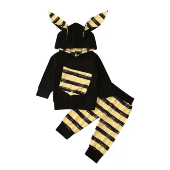 

0-24M Newborn Baby Girl Boy Kid Clothes Sets Striped Print Hooded Ear Long Sleeve Top Pants Outfit Clothes Set