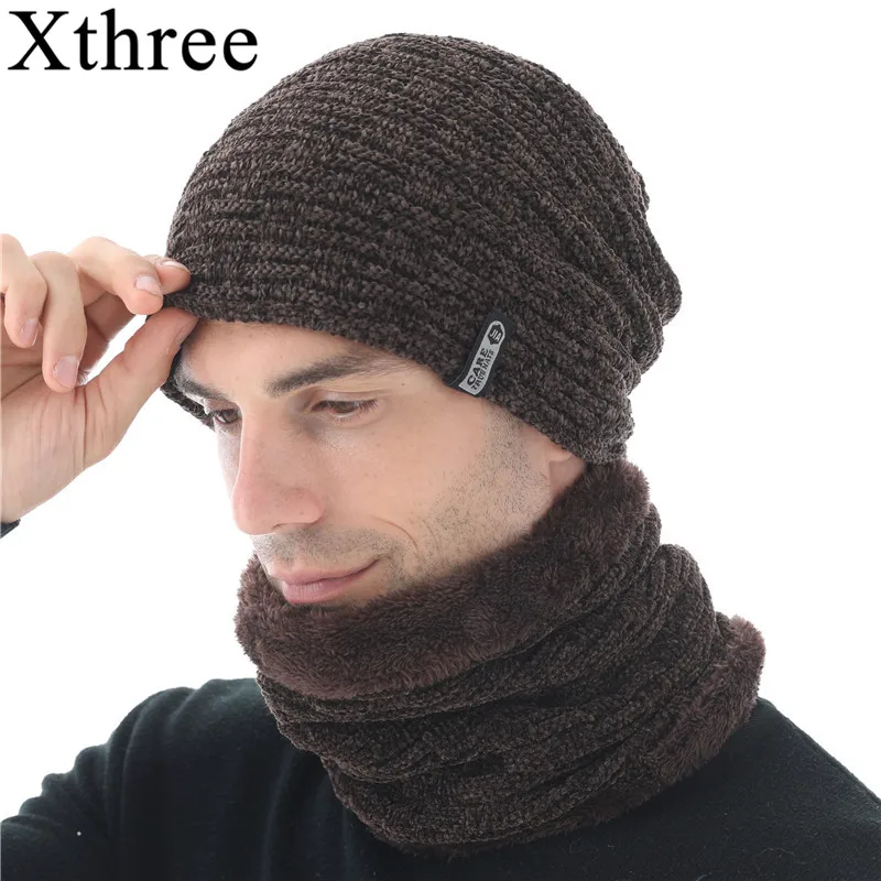 Мужские шапочки Xthree Chenille зимняя вязаная шапка шарф с подкладкой мужские шапки