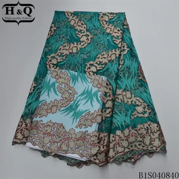 

H&Q green african net lace fabric embroidery with beads and stones 5 yards/piece nigerian tulle laces fabrics for garment sewing