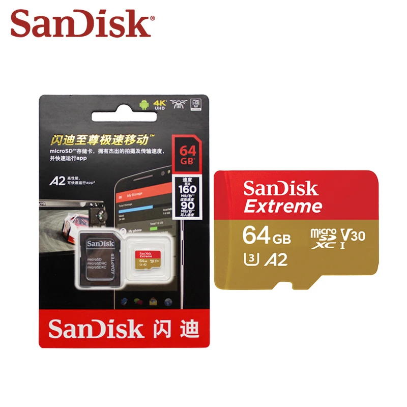 Оригинальная карта памяти sandisk, экстремальная Micro SD карта A2 A1 V30 U3, флеш-карта, 64 ГБ, 32 ГБ, TF карта, 128 ГБ, память Microsd для смартфона - Емкость: 64GB