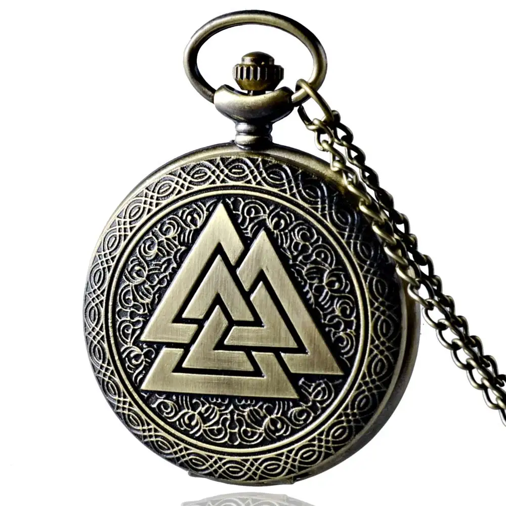 

Vintage Triangle Valknut Norse Vikings Bronze Quartz Pocket Watch Necklace Chain Three Interlocking Fob Watch Friendship Gifts
