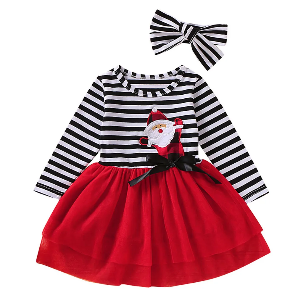 Рождественское платье для маленьких девочек; платье из тюля в полоску с принтом Санты+ повязка на голову; рождественское платье для маленьких девочек; vestido infantil