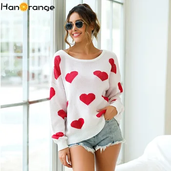 

Open Back Sweater Heart Print 2020 O-Neck Autumn Winter Sweater Pullover