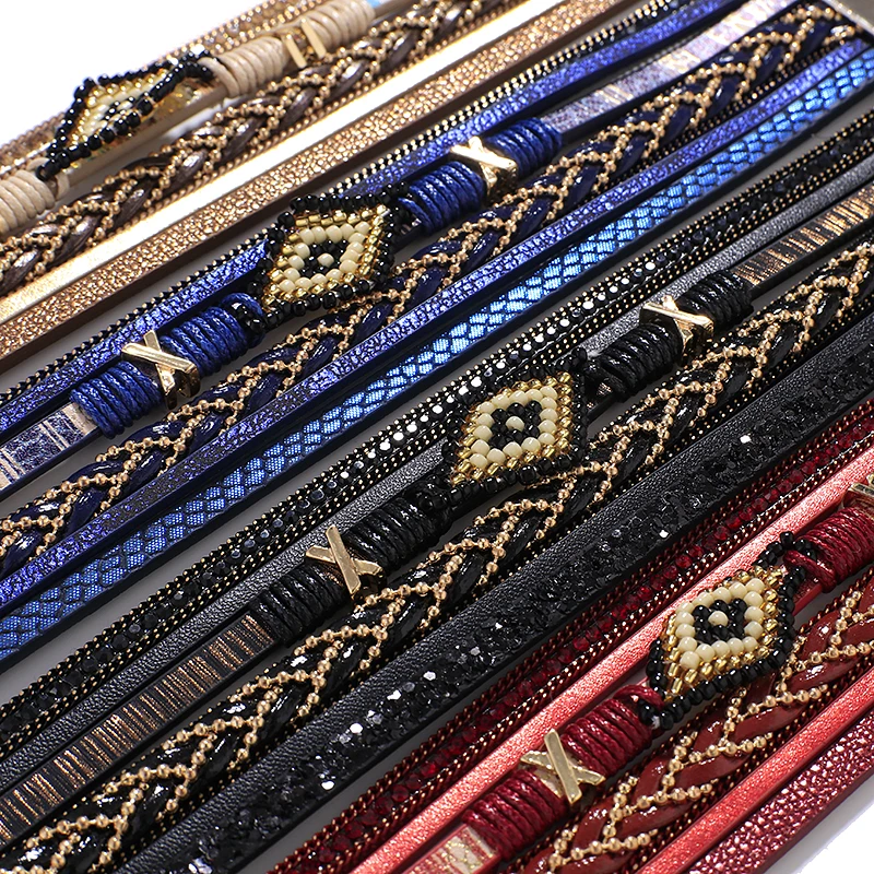 Amorcome Miyuki Evil Eye Leather Bracelets For Women Fashion Ladies Bohemian Wide Wrap Charm Bracelet Party Jewelry Gift bracelet jewelry