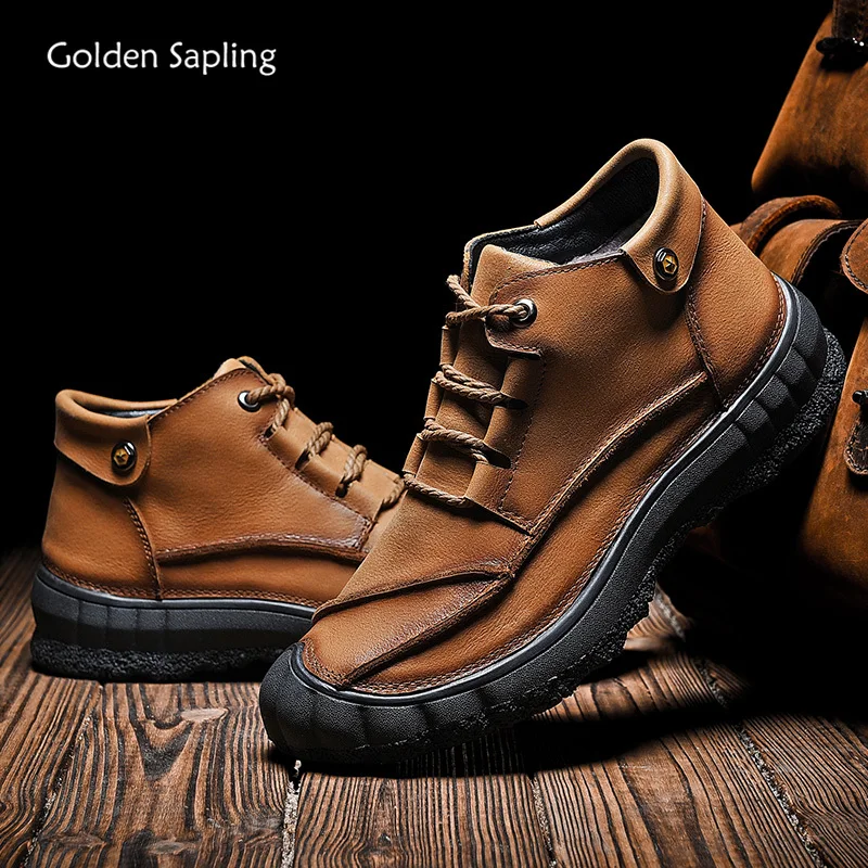 

Golden Sapling Retro Boots Men Genuine Leather Winter Sneakers High Top Tactical Boots for Trekking Hunting Men's Hiking Shoes