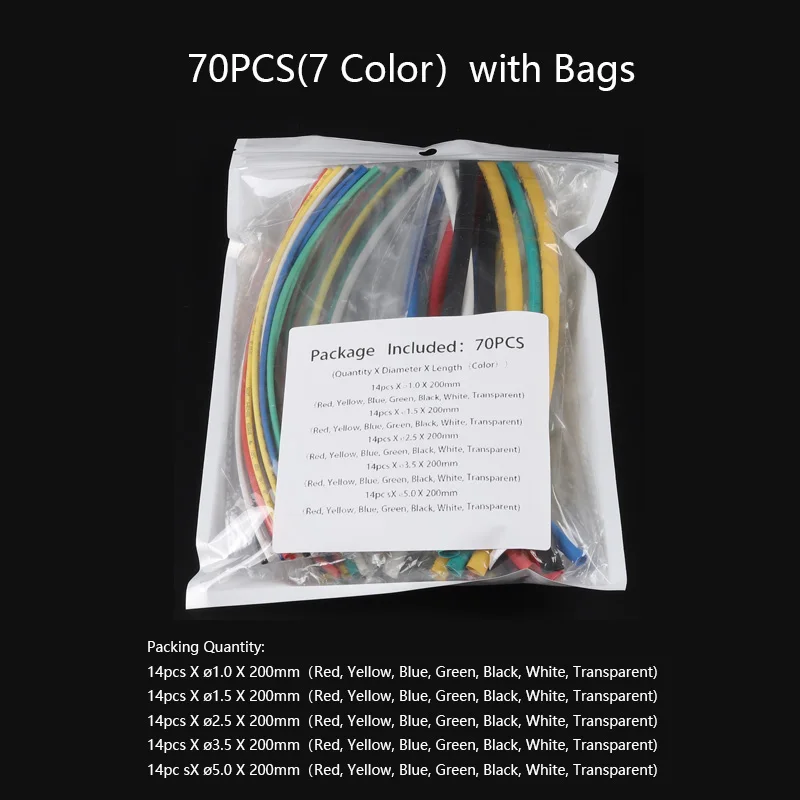 70PCS(7Color) Смешанный красочный набор полиолефина сокращения Ассорти термоусадочная трубка Обёрточная бумага провод кабель с изоляцией трубки комплект трубок соединения - Цвет: 70PCS(7Color)