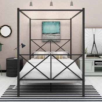 

JURMERRY Metal Canopy Bed Frame Platform Bed 4 Posters Sturdy Steel Mattress Foundation with Headboard and Footboard Full, Black