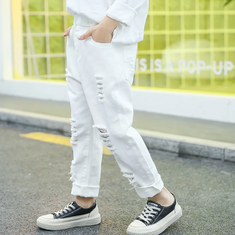 Fashion Children Denim Hole Pants Solid Color White Ripped Jeans
