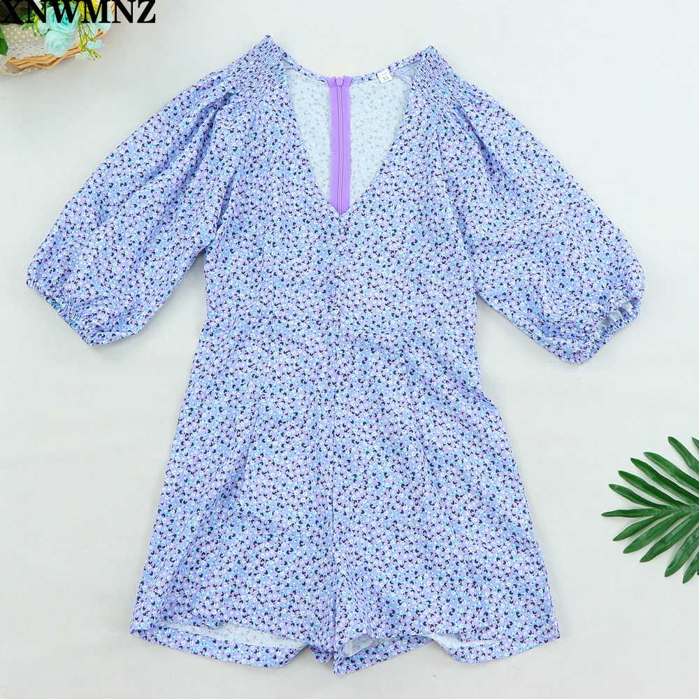 

New 2020 women elegant v neck shoulder pleated print playsuits ladies puff sleev casual slim Conjoined shorts chic siamese za ba