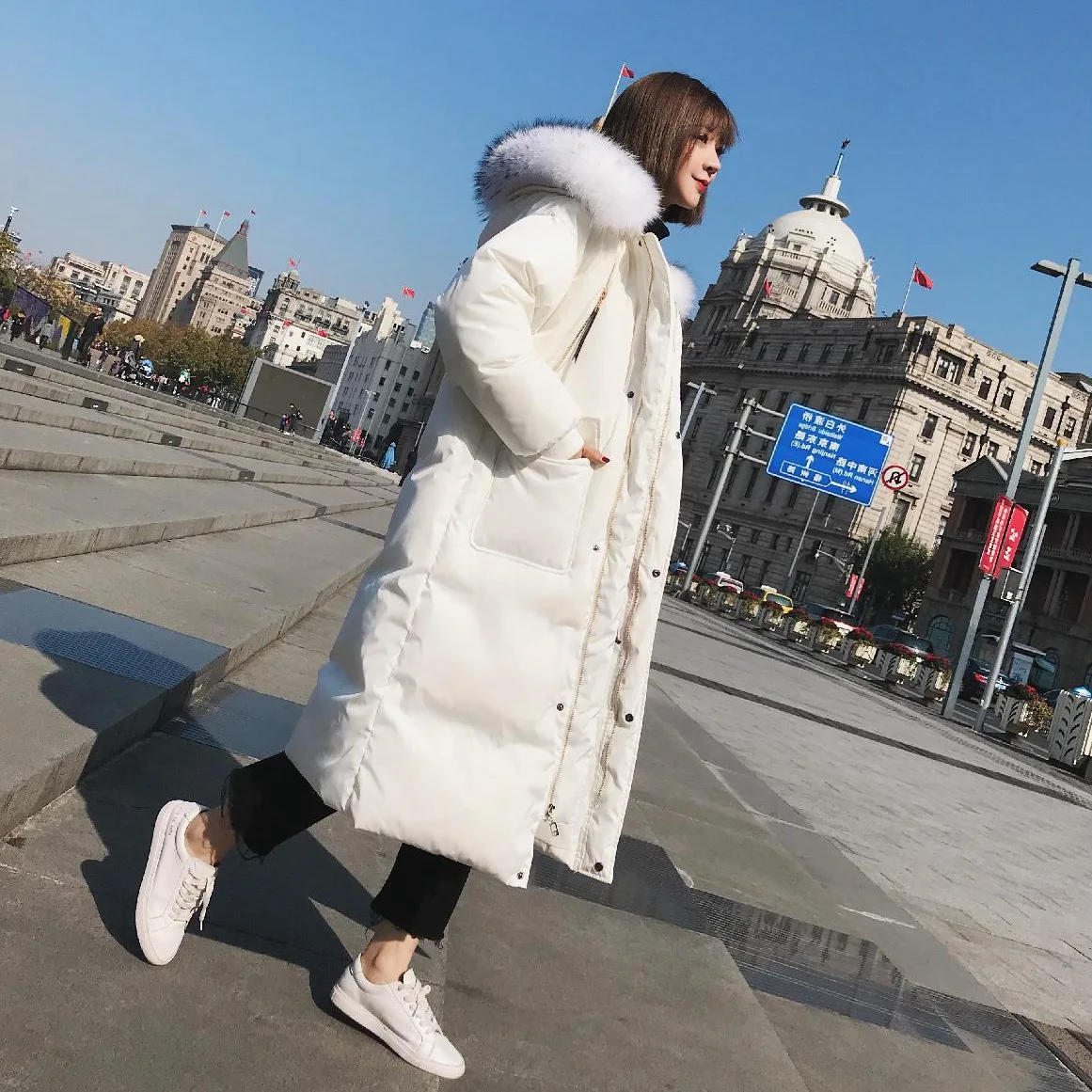 

Photo Shoot INS Simple Green Large Pocket Faux Fur Collar Hooded down Coat Women's Loose Straight over-the-Knee Cotton Overcoat