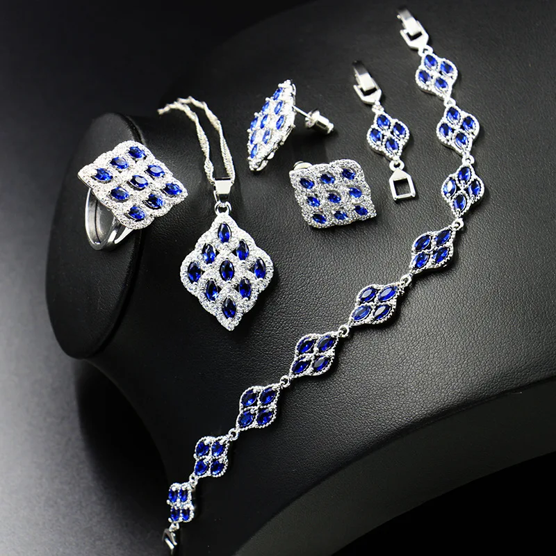 Four piece suit Bague Ringen, геометрические 925 пробы, Серебряные наборы, женская одежда, Ювелирное кольцо с камнями, серьги, ожерелье, браслет, сапфир, для банкета - Цвет камня: Four piece suit