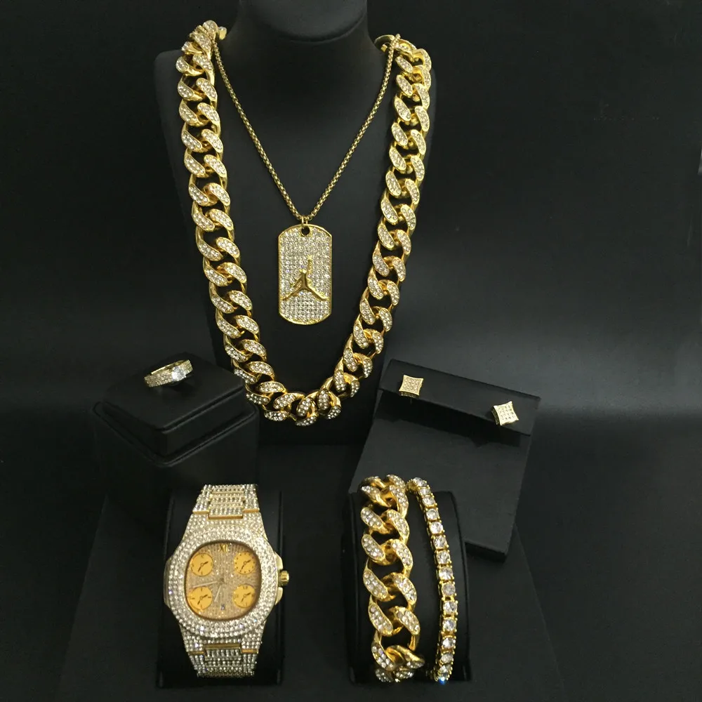 Роскошные мужские золотые часы в стиле хип-хоп, мужские часы, ожерелье, кулон, браслет, кольцо и серьги, комбинированный набор ювелирных изделий для мужчин - Окраска металла: gold