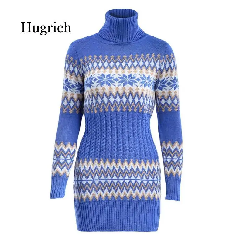 

2020 Autumn Winter Sweater Women Long Sleeve Dress Female Long Patchwork Knitwear Turtleneck Pullover