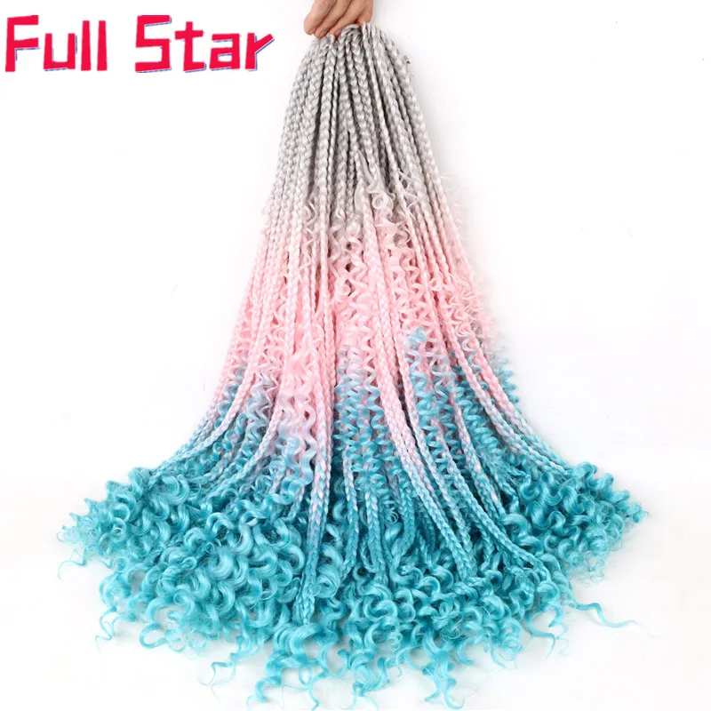 

Full Star Box Braids with Curly Ends split hair Synthetic Hair Extension 12 Strands 22" Grey Pink Green Crotchet Braids Hair