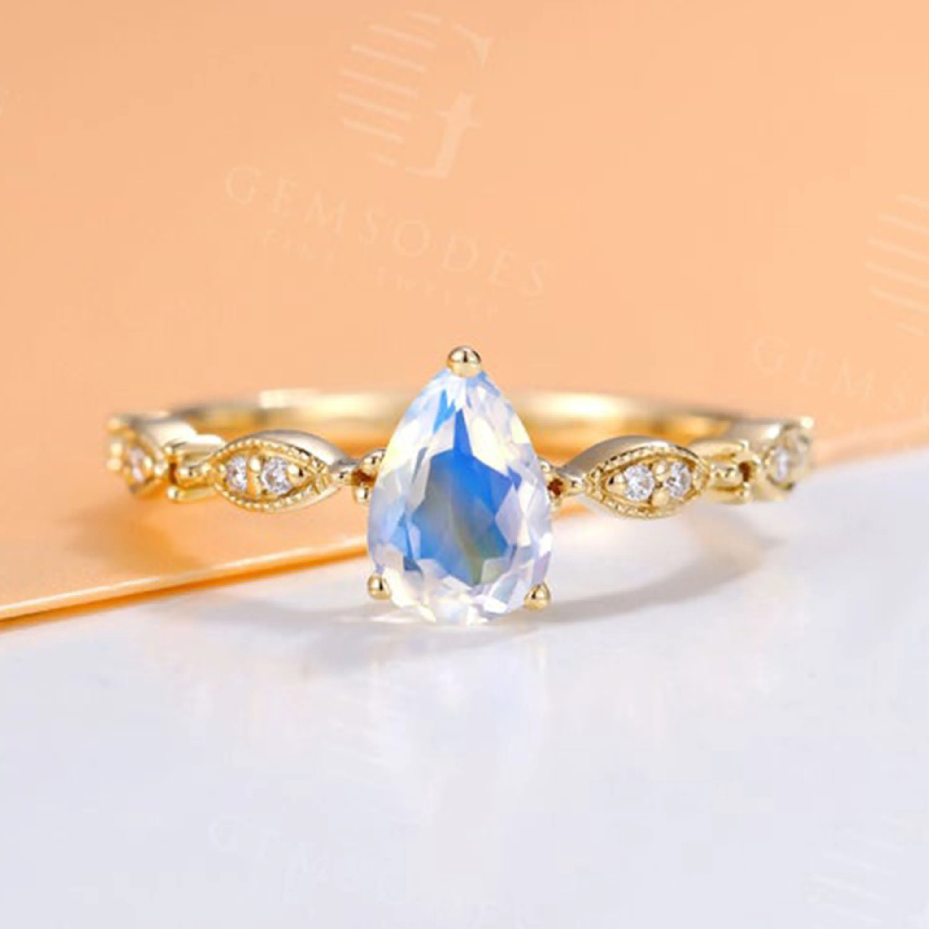 

Pear Cut 5x7mm Blue Natural Moonstone Ring 14K Yellow Gold Plated 925 Sterling Silver Engagement Wedding Ring For Women Gift