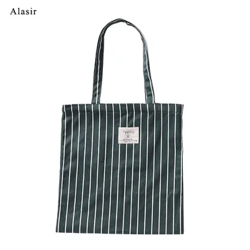 

Alasir Vintage Dark Green Striped Women Shoulder Bags Casual Tote Bags Fashion Eco Canvas Bags Designer Zip Handbags