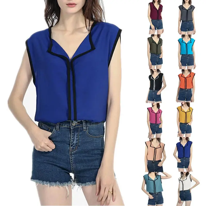 

2XL Plus Size V-Neck Tank Top Chiffon Shirt Women Summer Sleeveless Casual Solid Fresh Sweet top Femme
