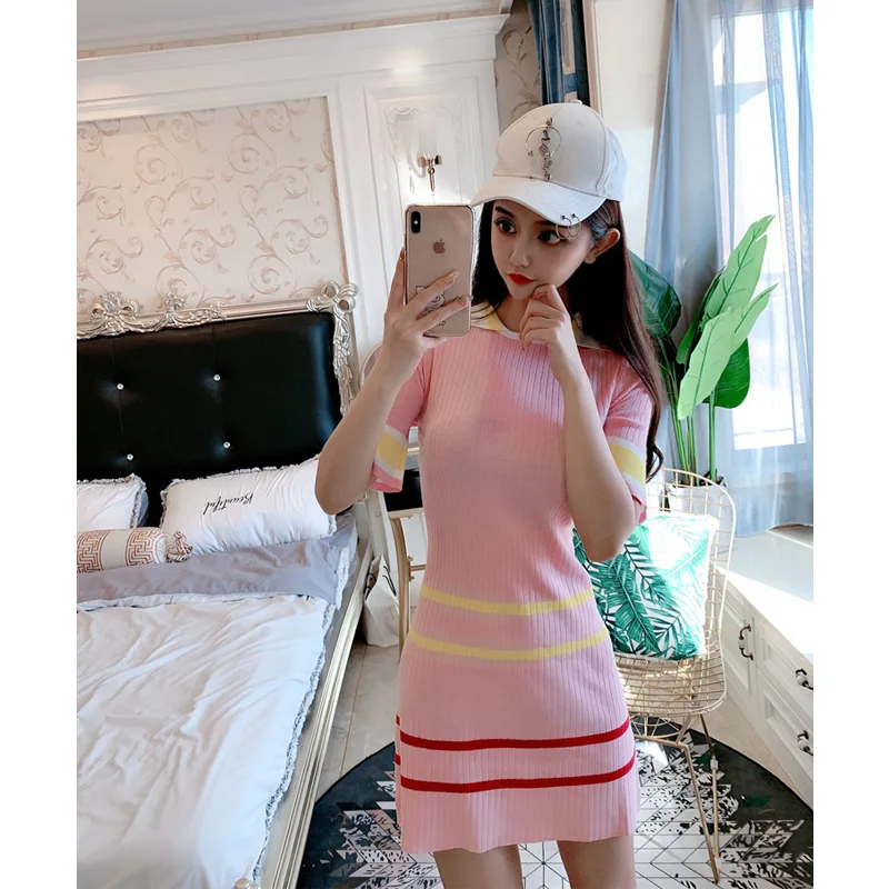 

2019 New Style College Style Mid-length Fold-down Collar Stripes Jersey Dress Women's 1940b453