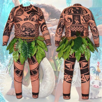

Halloween Princess Moana Maui Tattoo Jumpsuit Bodysuit Zentai with Leaves Family Matching Costume Cosplay for Adults Kids Mens