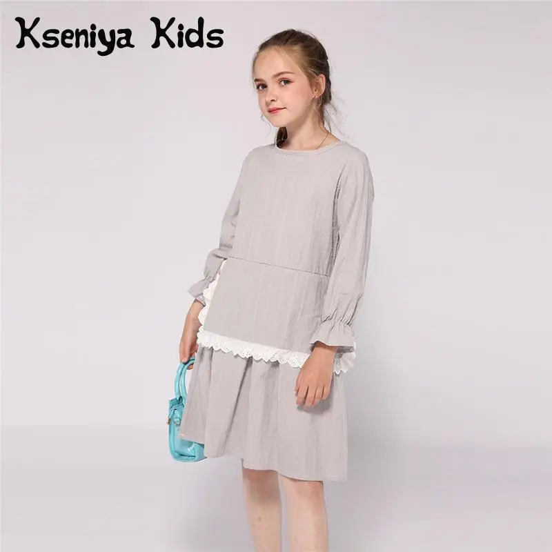 

Kseniya Kids Spring Autumn Grey Lace Girls Long Sleeve Dresses Cotton Novelty For 2 to 9 Years