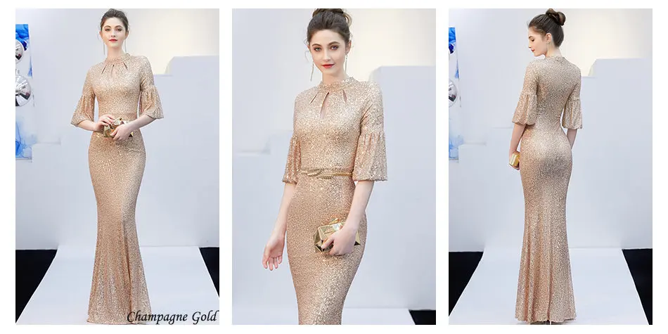 Длинные вечерние платья размера плюс Robe De Soiree DX266-2 цвета шампанского золота с круглым вырезом женское вечернее платье с блестками элегантное платье русалки