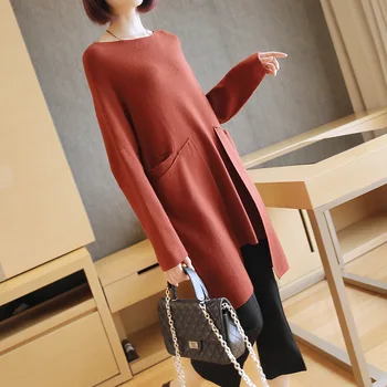 

Pullover O-neck Sweater Front Pockets Large Solid Women's Autumn Winter Long Sleeve Base Sweaters 2019 Korean