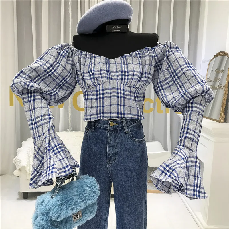 

Slash Neck Plaid Crop Tops High Street Flare Sleeve Off Shoulder Top Womens Shirts New 2020 Fashion Women Blouse