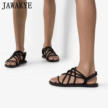 

New Hemp rope Knitting Designer Sandals Woman Casual Beach Shoes Black Primitive Tribal Style Flat Sandals Summer Women Shoes