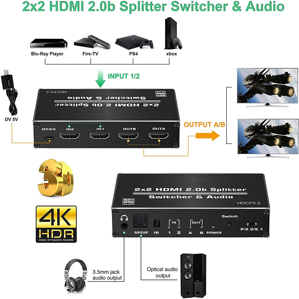 4K HDMI 2,0 переключатель 2 в 2 выход 4K@ 60 Гц, 2x2 HDMI коммутатор разветвитель с оптическим Toslink SPDIF и 3,5 мм разъем аудио экстрактор