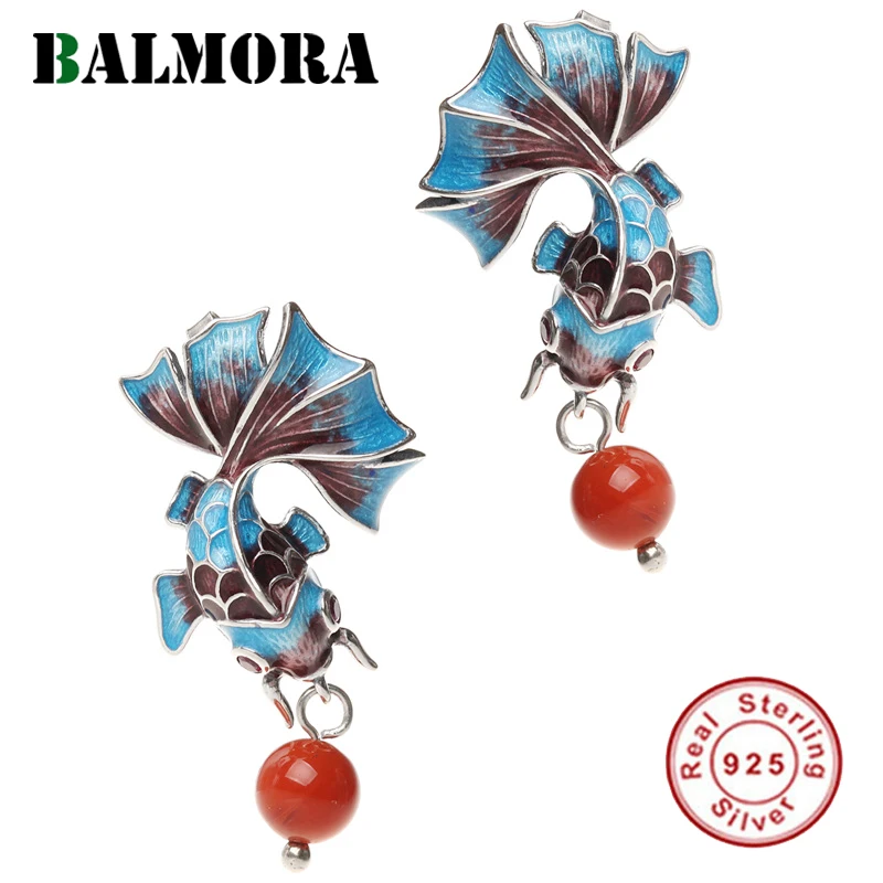 BALMORA, настоящее 925 пробы, серебряные Винтажные серьги-гвоздики с золотой рыбкой для женщин, женские этнические эмалированные серьги с животными, модные оригинальные ювелирные изделия