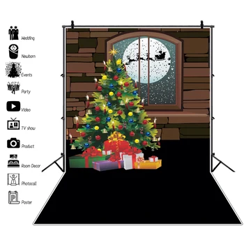 

Laeacco Photography Backdrop Baby Cartoon Christmas Tree Gift Ball Rural House Santa Clause Sledge Interior Photo Backgrounds