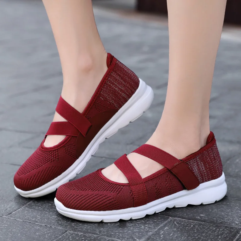 

Spring And Autumn New Style Fly Woven Elasticity WOMEN'S Casual Shoes Large Size Lightweight Breathable Mom Walking Shoes Velcro