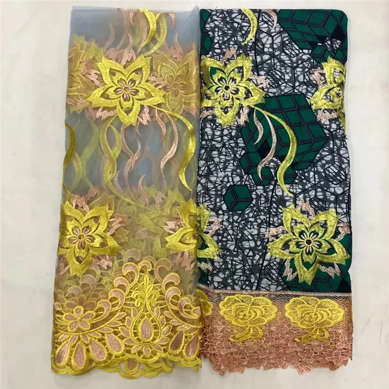 

2020 High Quality New Arrival Ankara 100% Cotton Wax Lace Wax Fabric African Embroidery Dutch Wax With scarf Lace Fabric XM03111