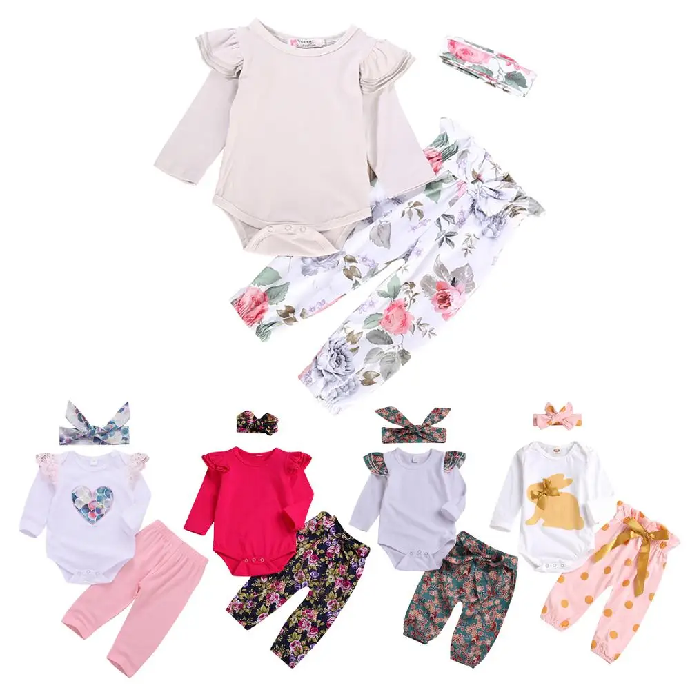 

Newborn Infant Baby Girls Clothes Flower Pattern Long Sleeve Bodysuit+ Pants + Headband Toddler 3Pcs Outfits Clothing Set