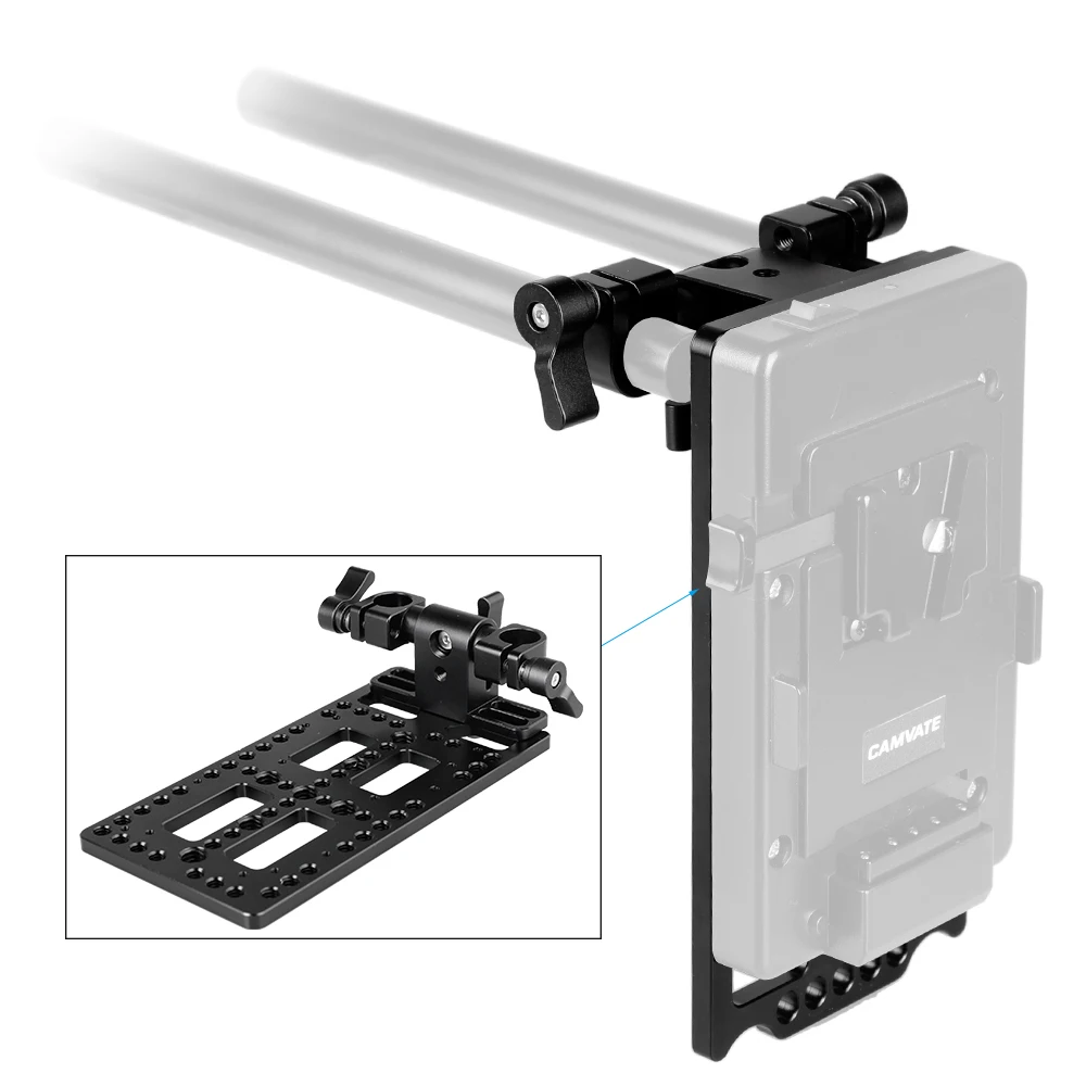 HDRIG Battery Backboard Cheese Plate With 360° Swivel 15mm Rod Clamp Adapter for V Mount Power Splitter Camera Cgae Kit