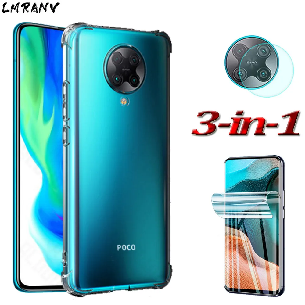 3 в 1 Чехол для Pocophone F2 Pro чехол прозрачный чехол+гидрогелевая пленка+камера Мягкая