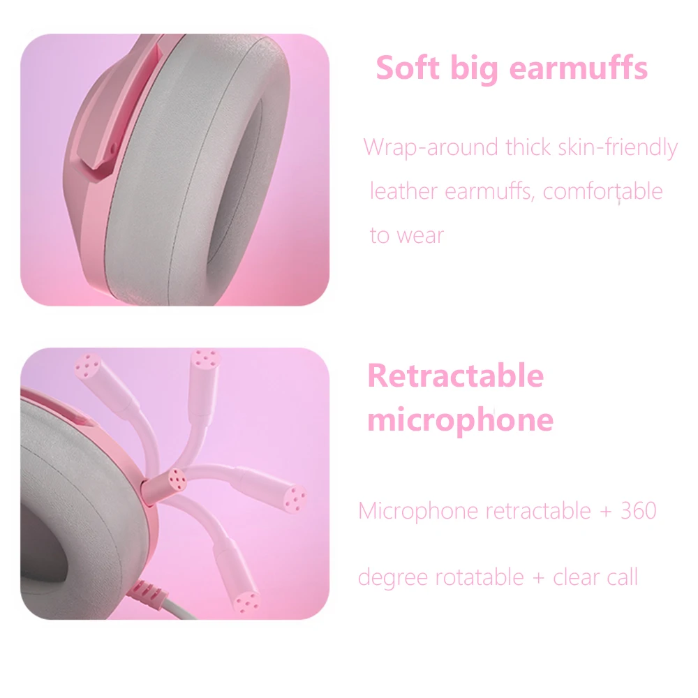 Rgb Gaming 7.1 Fones de Ouvido Estéreo Rosa Fone de Ouvido Removível Gato com Fio Usb com Microfone Redução Ruído para Ps4 Xbox Uma Menina Bonito - Image 4