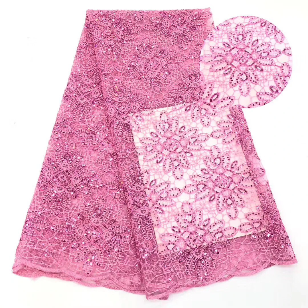 

Pink african lace fabric 2020 high quality sequins lace fabric french mesh tulle fabric nigerian swiss voile lace fabric KCD9404