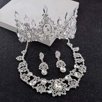 

Luxury Sparkling Crystal Bridal Jewelry Sets Crown Tiaras Statement Necklace Earrings Set African Beads Dubai Bridal Jewelry Set