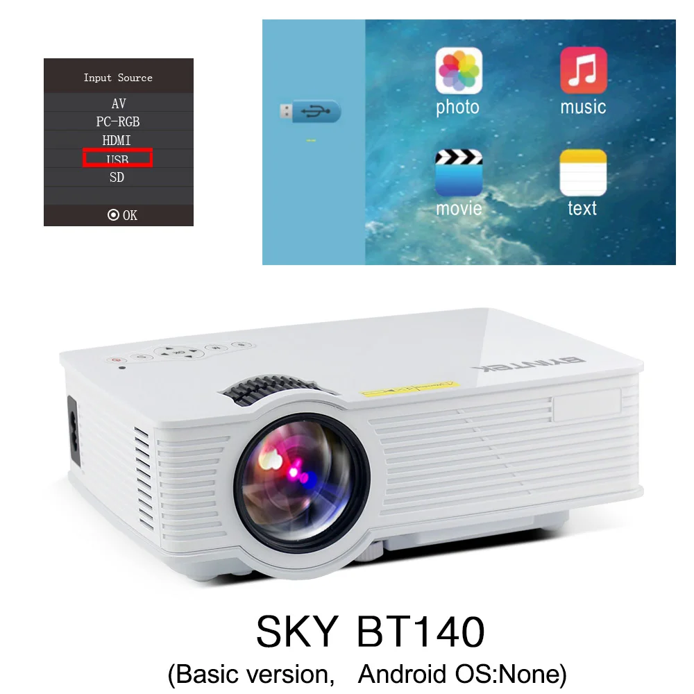 BYINTEK SKY BT140/BT140plus/BT140android светодиодный мини-проектор HD Домашний кинотеатр(дополнительно: беспроводной дисплей для Iphone смартфона - Цвет: BT140
