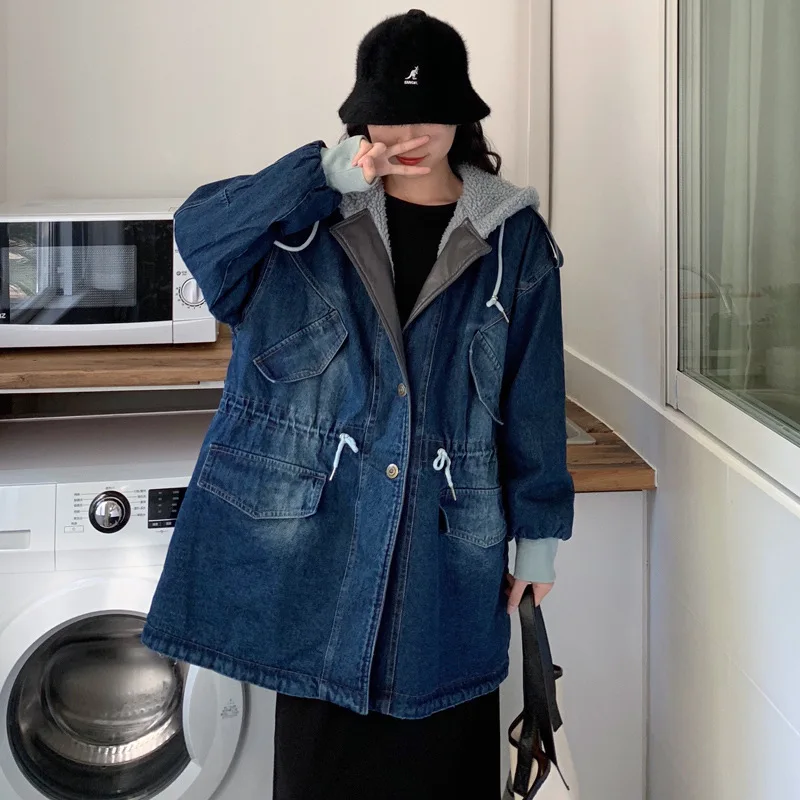 

2019 Winter New Style Large Size Dress Fat Mm Korean-style Mid-length Hooded Thick Cowboy yang gao mao Coat Women's Fashion