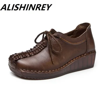 

ALISHINREY Genuine Leather Woman Shoes 2019 New Style Vintage Handmade Shoes Woman Vintage Soft Comfort Wedges Breathable Pumps