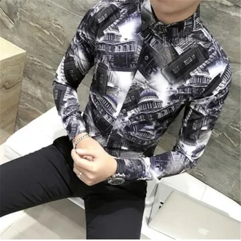 

Camisa Masculina Spring New Pattern Male Long Sleeve FLOWER Shirt Printing Fashion Slim Fit Shirts Nightclub Chemise Homme 2018