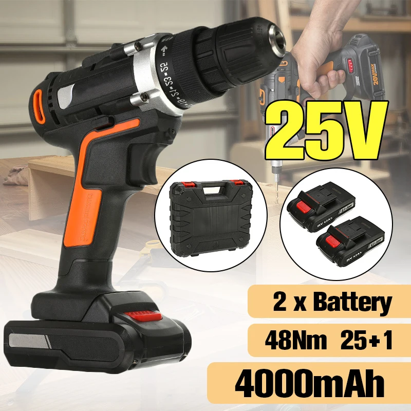 Goede High Power Elektrische Schroevendraaier Accu Klopboormachines Driver Dc Motor 2x4. 0Ah Lithium Batterij Huishouden 25V Elektrische Boor