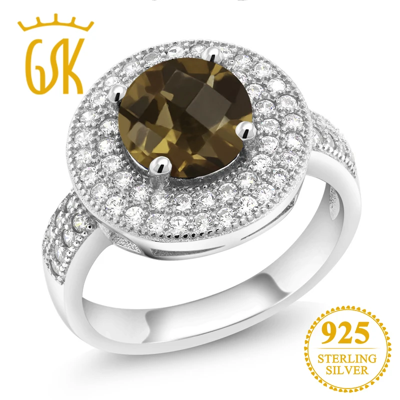 GemStoneKing 2,56 Ct круглая шахматная доска натуральный коричневый дымчатый кварц кольца с драгоценными камнями 925 пробы серебряные ювелирные изделия для женщин